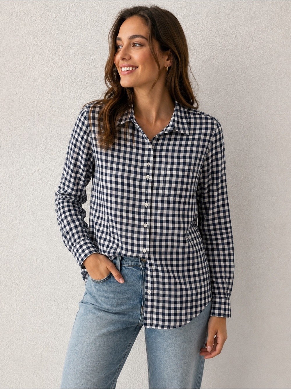 J. Crew 100% Cotton Navy and White Gingham Button-Down Shirt S